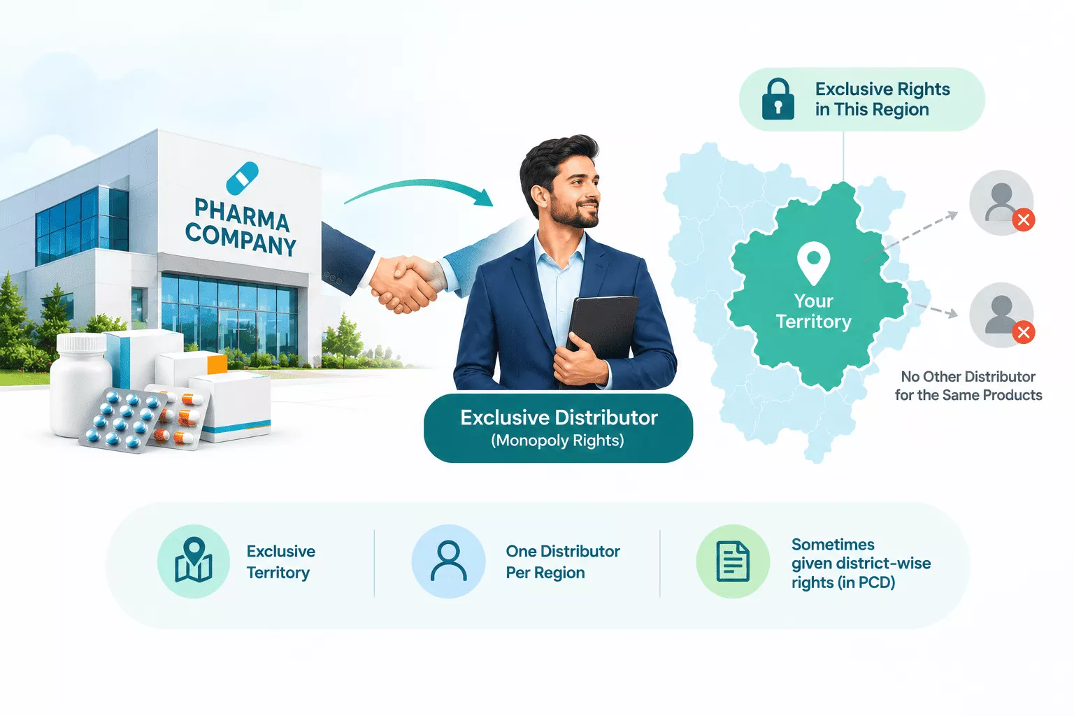 Monopoly pharma franchise: one exclusive distributor per region with no other distributor for the same products