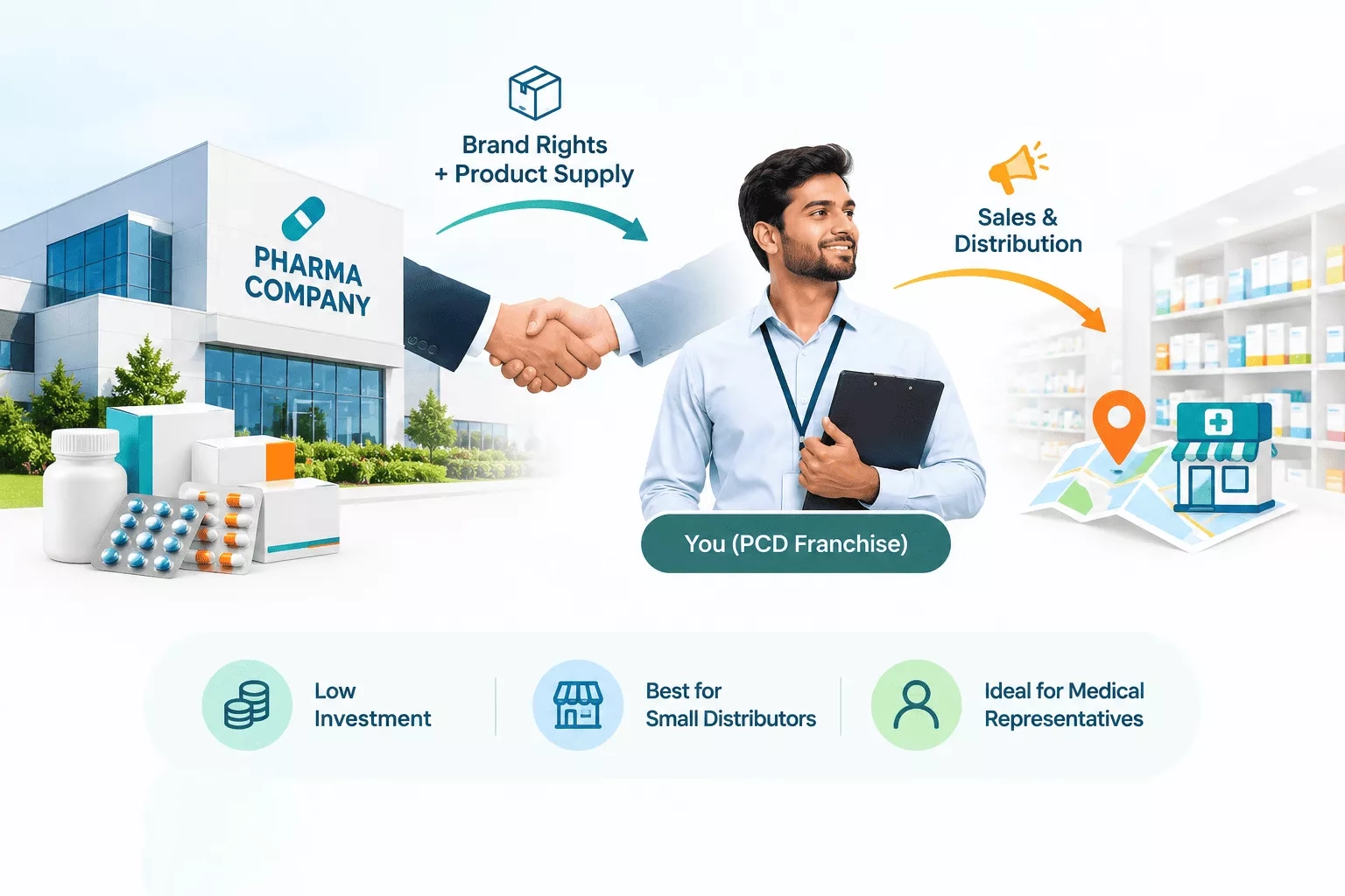 PCD pharma franchise model: pharma company gives brand rights and product supply to the franchise partner, who handles sales and distribution