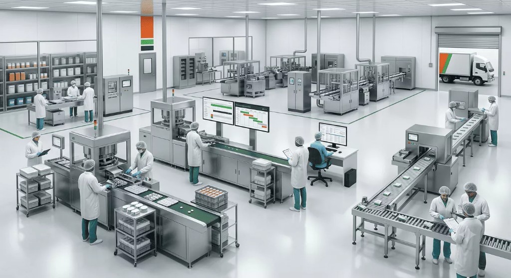 Modern pharmaceutical manufacturing facility with automated production lines