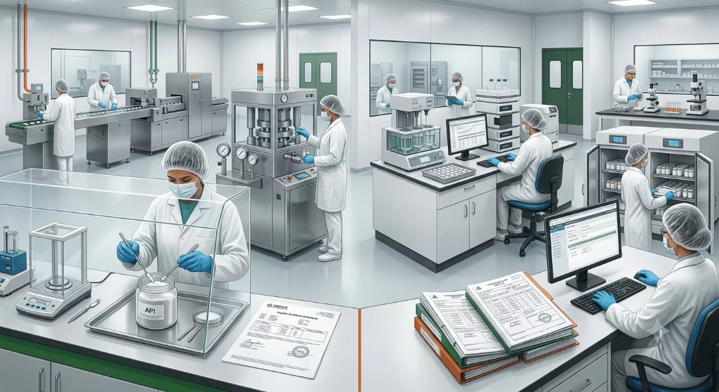API handling, Certificate of Analysis documentation and QC testing in a pharmaceutical lab