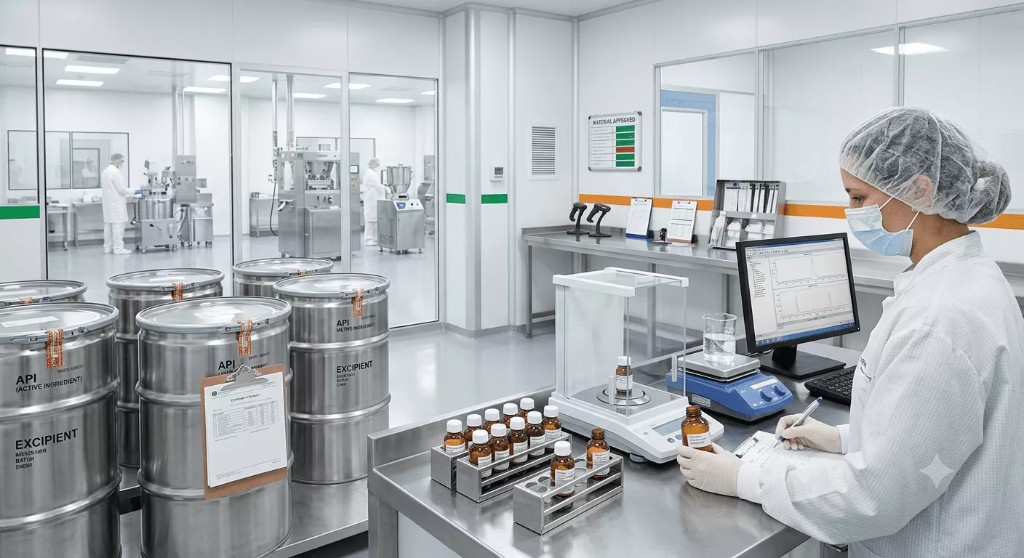 Scientist performing quality control near API and excipient drums in a pharmaceutical lab