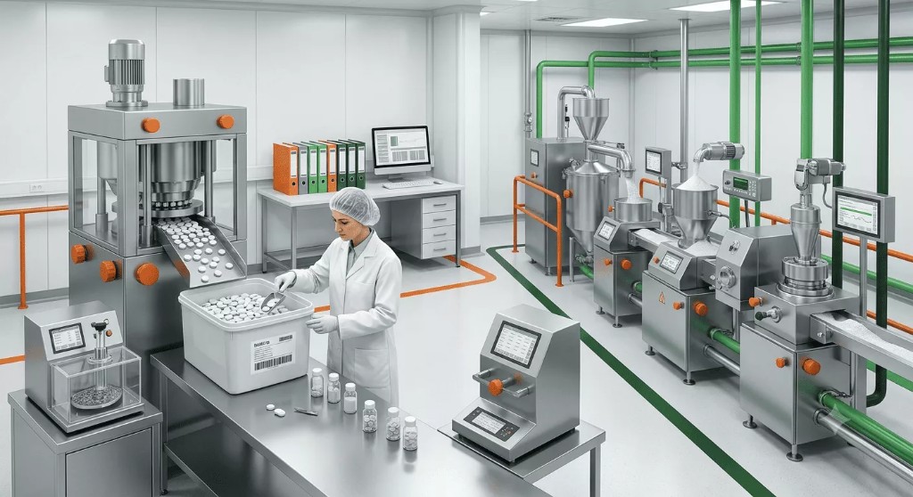 Tablet press line with technician transferring tablets into bottles for batch packaging