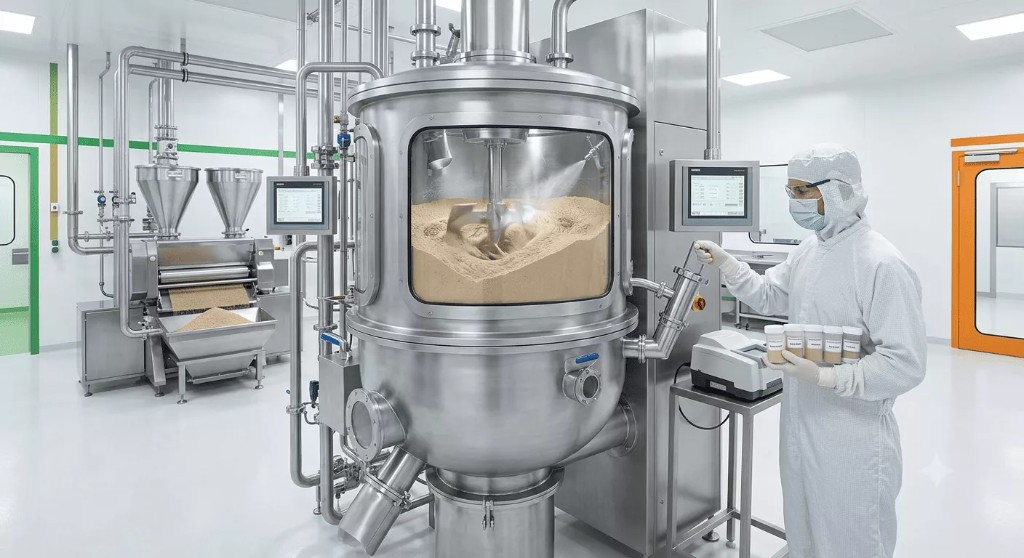 Technician monitoring a stainless steel mixer-granulator during wet granulation