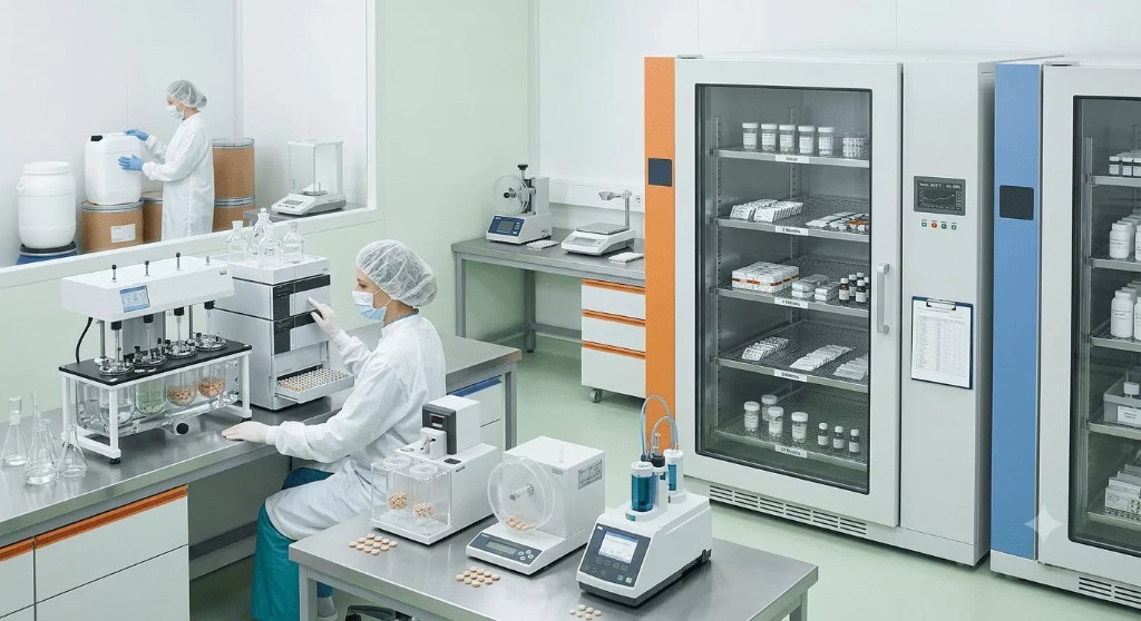 QC lab with dissolution and friability testers, sample tablets, and stability chambers