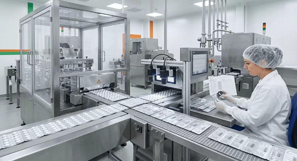 Blister packaging line with technician inspecting sealed tablet blister packs